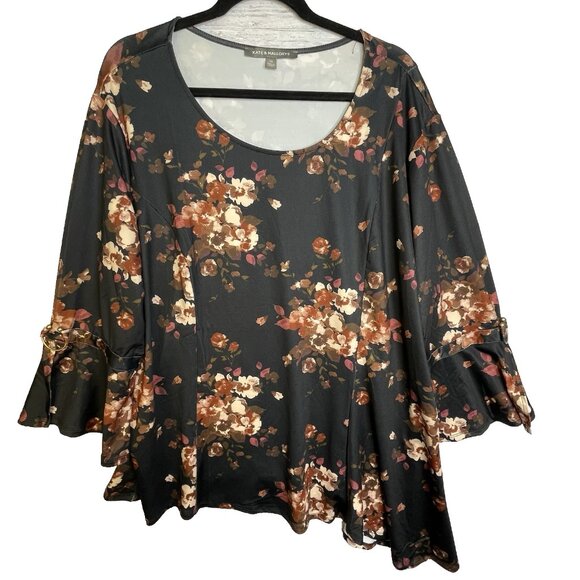 Kate Mallory Floral Blouse Size 3X Bell Sleeves Asymmetrical BOHO Fairycore - Picture 1 of 11
